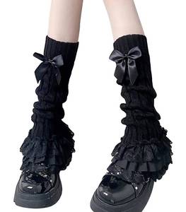 lot 9911 image: Leoparts Womens Knit Leg Warmers Y2K Bow Lace Trim Knee High Leg Sleeve Socks for Lolita Costume Party Accessory