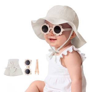 lot 9915 image: Durio Baby Sun Hat and Sunglasses - UPF50 Sun Protection Hat for Boy Girl, Wide Brim Summer Beach Hats for Newborn Toddler Beige 6-12 Months