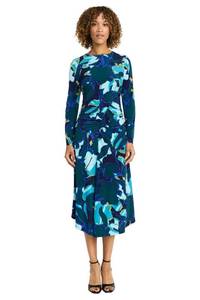 lot 9916 image: Maggy London Womens Dresses Womens Ruched Waist Crew Neck Long Sleeve Asymmetrical Hem - Elegant Midi Length - Wedding Guest Dress, NavyTeal, 2