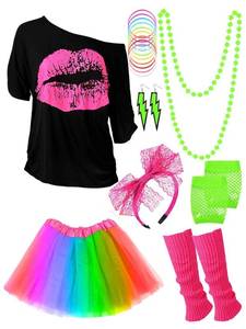 lot 9938 image: Womens 80s Costume Accessories Set, Lips Print T-Shirt Adult Tutu Skirt Lace Headband Neon Earrings Necklace Leg Warmers Fishnet Gloves Bracelet (L, Rainbow)