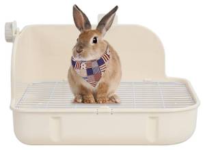 lot 9944 image: Humorous.P Rabbit Litter Box - Creamy White Pet Bunny Little Box Potty Trainer Ideal for Small Animal, Rabbit, Guinea Pig, Ferrets Rectangular Corner Litter Box Cage