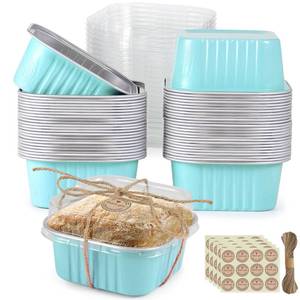 lot 9958 image: Mini Square Baking Cups with Lids, 50 Pcs 5oz Blue Aluminum Foil Cupcake Tins with Lids, Disposable Ramekins Flan Cake Pans Tins for Souffle, Dessert, Valentine, Wedding, Party Small Cake Containers
