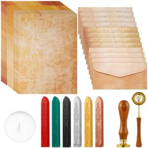 lot 9972 image: 33 Pieces Vintage Paper and Envelopes Set, Including 12 Writing Stationery Paper Letter 12 Envelopes Sealing 6 Wax Sticks Seal Stamp Tea Candles and Wax Spoon for Stamp