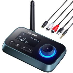 lot 9978 image: SOOMFON Bluetooth Transmitter for TV 3-in-1 Bluetooth 5.0 Transmitter Receiver for TV to 2 Headphones with LCD Display Adjustable Volume, Optical AUX RCA Bypass for Home Stereo Speaker