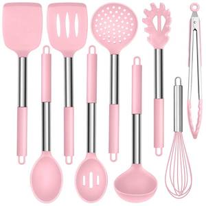 lot 9989 image: HaWare Silicone Utensils Set, 9-Piece Kitchen Cooking Utensils, Non-stick Heat Resistant Cookware with Stainless Steel Handle, Dishwasher Safe - Pink
