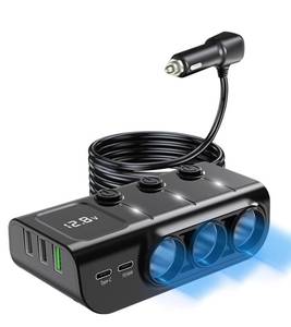 lot 9994 image: 8 in 1Cigarette Lighter Splitter,LIHAN 3 Expander Socket Car Charger Adapter & 5 USB Ports(Type-C PD36WQC3.0),12V24V Plug,120W Outlet with LED Voltmeter,3.3FT Cable for Car,Truck,SUV,RV,Camping