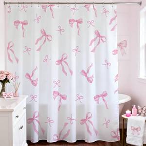 lot 2407 image: Mocsicka Pink Shower Curtain Coquette Preppy Bow Shower Curtain for Bathroom Modern Aesthetic Fabric Shower Curtain Set with Hooks 71x71 Inch (Pink, 71x71 inch)