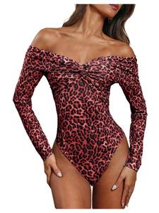 lot 2420 image: SweatyRocks Womens Sexy Leopard Print Bodysuit Off The Shoulder Ruched Wrap Leotard Going Out Tops Red Medium