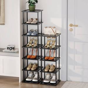 lot 2433 image: Vertical Tall Shoe Rack Organizer for Entryway -12 Tier Free Standing Slim Narrow Bamboo Wood Corner Stackable Shoe Boots Storage Stand Small Spaces for Closet Garage Cloakroom Living Room (Black)