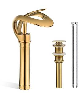lot 2435 image: Elegant Tall Bathroom Sink Faucet Single Hole,AUU Waterfall Gold Vessel Sink Faucet Solid Brass,Single Handle Bowl Sink Faucet with Pop Up Drian Supply Line (Gold, Tall)