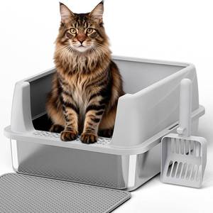 lot 2440 image: Henkelion Stainless Steel Cat Litter Box with Lid, Extra Large Litter Box for Big Cats with High Sided, Non-Sticky, Anti-Urine Leakage, Easy Cleaning, (S)