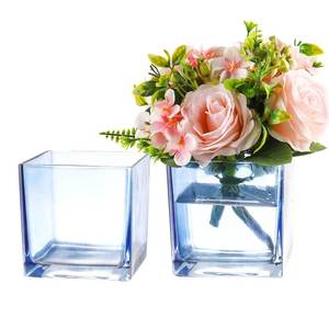 lot 2441 image: MARTAGE Square Blue Glass Vases Set of 2, 6 x 6 x 6 Square Vase for Centerpieces, Flower Vases for Centerpieces, Small Vase for Wedding, Party, Home Office Decoration