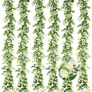 lot 2447 image: HIAGROW 6FT Eucalyptus Garland with Flowers, 6 Pack Artificial Greenery Garland Hanging Spring Eucalyptus Garland Suitable for Table Wedding Backdrop Arch Wall Party UV Protected Indoor Outdoor Decor