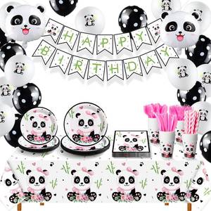 lot 2452 image: Buryeah Panda Party Supplies - Disposable Tableware Set with Happy Birthday Banner, Panda Plates, Napkins, Balloons, Tablecloth, Forks, Knives, Cups and Straws for Girls Birthday