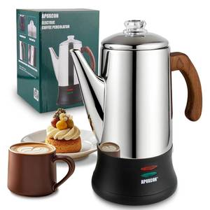 lot 2473 image: APOXCON Electric Coffee Percolator Stainless Steel Coffee Pot with Two Tough Glass Clear Brew Progress Knob & Treated Solid Wood Handle & OnOFF Switch Auto Keep Warm Cordless Serve (8 Cup)