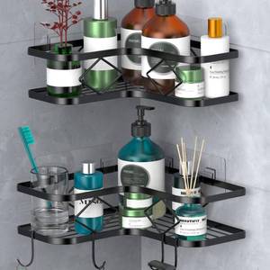 lot 2476 image: Kadolina Large Corner Shower Caddy, 2 Pack Adhesive Bathroom Shower Organizer Shelves, No Drilling Rustproof Wall Mounted Shower Storage Basket Shampoo Holder Organizer (Black)