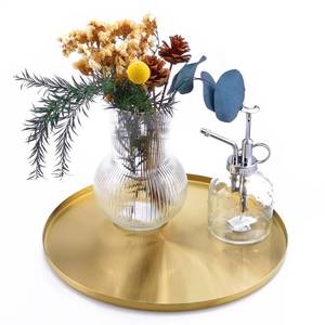 lot 2487 image: FREELOVE Gold Tray, Round Brass Serving Platter, Bar Circle Decorative Plate, Coffee Table Metal Decor Dishes, Brushed Hammered Coasters, Counter Bathroom Kitchen Dessert Cart Display Food, 12 inch