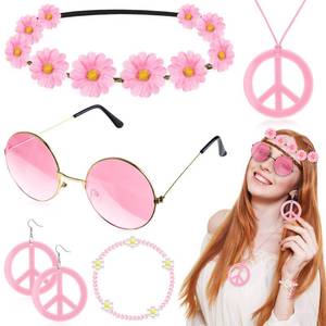 lot 2498 image: Batiyeer 6 Pcs Hippie Costume Accessories Set, Boho Peace Sign Daisy Flower 60s 70s Party Favors Decor for Groovy Party Women(Pink)