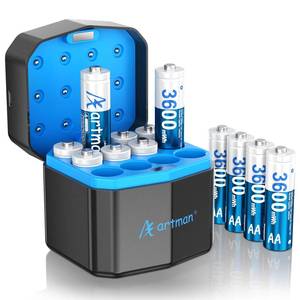 lot 2520 image: Artman Rechargeable Lithium AA Batteries 12 Pack with Storage 12-Slot Charger, 3600mWh AA Lithium Batteries for Blink Outdoor Camera, 1.5V Constant Double A Battery Recharge up to 2000 Cycles (Blue)