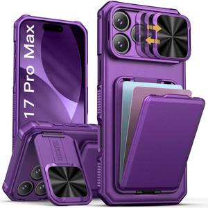 lot 2579 image: SSLOTSCASE for iPhone 17 Pro Max Case with Card Holder & Sliding Camera Lens Cover & Hidden Kickstand & Camera Stand & Wallet, Silicone Edge Durable Protective Case for iPhone 17 Pro Max, Dark Purple