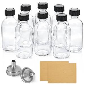 lot 2588 image: AOZITA 8 Pack, 2 oz Small Clear Glass Bottles wLid & 2 Funnels - 60ml Boston Shot Bottles for Health, Immunity, Potion, Wellness, Sample, Ginger, Juice - Mini Personal Care & Beauty Travel Bottle