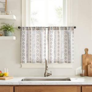 lot 2599 image: jinchan Boho Kitchen Curtains Linen Tier Curtains 20 Inch Bohemian Cafe Style Farmhouse Natural Striped Half Window Treatment for Bathroom RV Vintage Small Window 2 Panels Blue on Beige