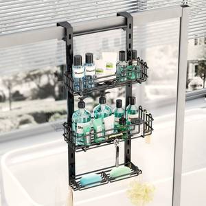 lot 2628 image: HapiRm 3 Tier Over the Door Shower Caddy, Hanging Shower Caddy with 16 Hooks and 2 Soap Holders, No Drilling Adjustable Hanging Bathroom Organizer - Black