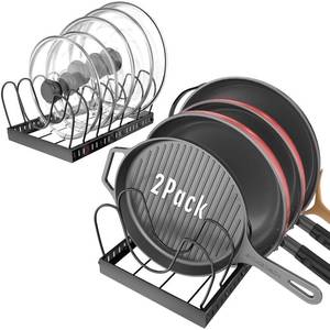 lot 2644 image: 2PACK Pot Lid Organizers Inside Cabinet for Kitchen, Pots and Pans Organizer Under Cabinet with 16 Adjustable Dividers, Countertop Lid Holder, Rust-Resistant, Tool-Free Installation, Easy to Clean