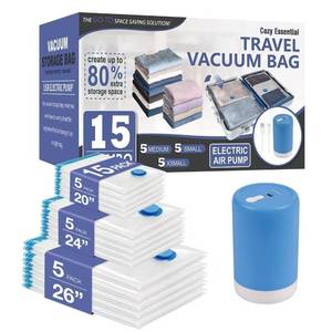 lot 2659 image: Cozy Essential Travel Vacuum Storage Bags with Rechargeable Cordless Electric Pump, Space Saver Bags for Luggage, Suitcase, Carry-On, for Clothes, Blankets, Comforters, Pillows, 15 Combo
