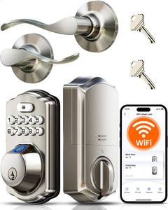 lot 2742 image: Veise VE012W-B Wi-Fi Fingerprint Smart Lock with Handle Set, Remote App Control, Keyless Entry Front Door Lever, Built-in WiFi No Hub Needed, Backlit Keypad Deadbolt, Auto-Locking, Satin Nickel
