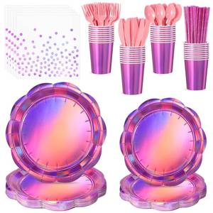 lot 2759 image: NatNarr 200 Pcs Pink Plates and Napkins Party Supplies, 25 Guest Scalloped Iridescent Pink Plates Napkins Cups Set Holographic Pink Party Decorations for Birthday, Mermaid, Disco Party