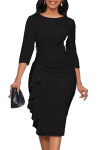 lot 2763 image: Fitted Work Dresses for Women 34 Sleeve Bodycon Ruffle Vintage Pencil Midi Dress Black