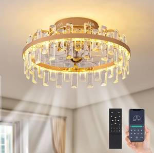 lot 2690 image: Crossio 20 Crystal Ceiling Fan with lights Remote Control Dimmable 6 Speeds Reversible Gold Fandelier - Retail $143
