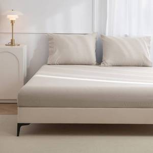 lot 2773 image: JIYUAN 100% Washed Cotton 3 Pieces Queen Fitted Sheet Set,Linen Like Cozy Soft & Breathable, Deep Pocket Fitted Sheet (Fits Mattress up to 17)  2 Pilowcases, Heathered Cream Grey