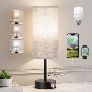 lot 2833 image: Grey Bedside Lamp for Bedroom Nightstand - Small Table Lamp with USB A  C Charging Port, 3 Color Temperatures Pull Chain Night Stand Light with Bulb, Side Table Desk Reading Lamp for Living RoomDorm