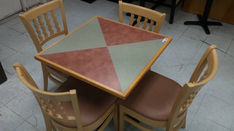 lot 3932 image: 2 Tone Square Table withBase and 4 Schafer Wood Frame Chairs