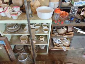 lot 3446 image: Pair of shelves with contents-restaurant ware, pottery, milk glass