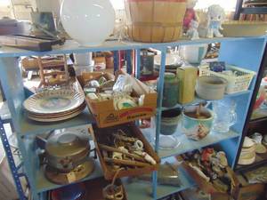 lot 3448 image: Contents of large shelf- waffle maker,  China, pottery, figures