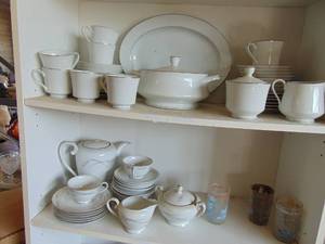 lot 3454 image: Pair of Shelves with Contents - China and Juice Glasses