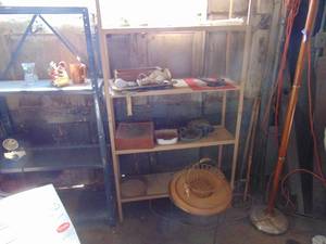 lot 3474 image: Contents of tan Shelves and floor lamp- shelves not included