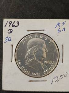 lot 7 image: 1963-D Benjamin Franklin Half Dollar Coin 90% Silver