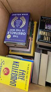 lot 108 image: Lot of mixed books (25) includes vintage books, National Geographic magazines, the obstacle is the way by Ryan Holiday, books by Faye Kellerman, and more
