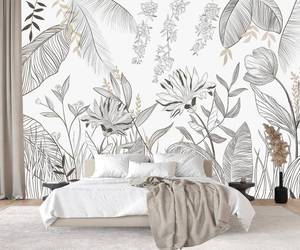 lot 191695 image: Retails for $104 PYFFYP- Grey and White Tropical Leaf Wallpaper murals for Living Room(Not Peel and Stick)