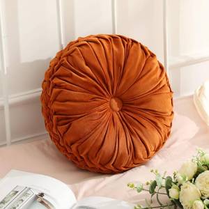 lot 391647 image: 1 Pcs Round Throw Velvet Pillows Decorative Pleated Throw Pillows 15 Diameter Accent Pumpkin Boho Chair Cushion for Couch Sofa Home Decoration (Brunt Orange)
