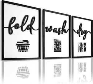 lot 391657 image: 3D Wood Laundry Room Wall Decor, 36 x 16 Framed Laundry Room Wall Art, 3D Laundry Signs for Room Decor (Ready to Hang, Set of 3, Framed)