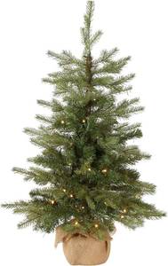 lot 491875 image: National Tree Company 3 ft Pre-Lit Nordic Spruce Mini Artificial Christmas Tree, Burlap Base, Red Bow, 50 Clear LED Lights, 363 Tips, Timer, Green
