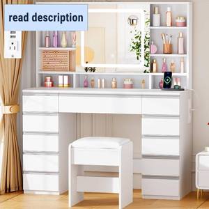 lot 491869 image: Retails for $190 ANWBROAD 43 Large Vanity Desk with Sliding Mirror and Lights, Makeup Vanity Table with Jewelry Organizer,11 Drawers,6 Shelves, 3Color Lights Makeup Desk with Stool and Power Outlet for Girls UBDT98X