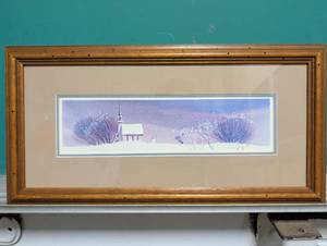 lot 4008 image: Winter Church Scene Print - Countryside Landscape - by J.R. Hamm, Matted and Framed