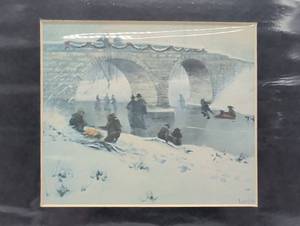 lot 4019 image: Winter Scene Stone Bridge Art Print - Matted, Artist Signed