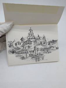 lot 4058 image: California Spanish Colonial Missions Pen and Ink Drawing Print